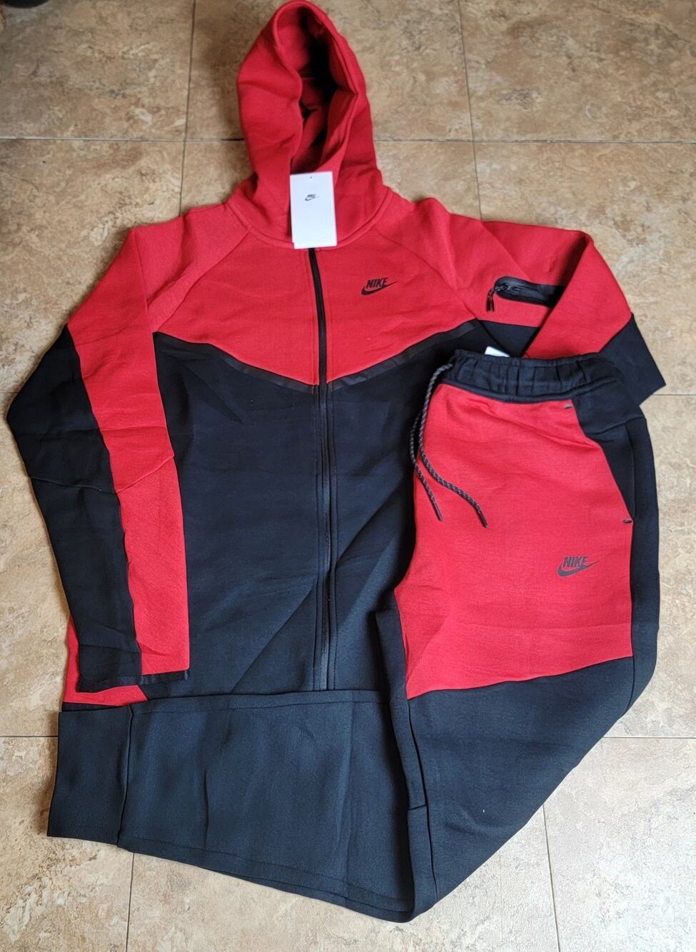 Men Sz 2X Red Black Hoodie Sweatpants Track Sweatsuit Slim Fit Streetwear Nike